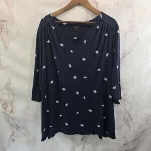 J Jill Shirt Womens XL Blue Floral Pattern V Neck Wearever Tee T Pleated Half